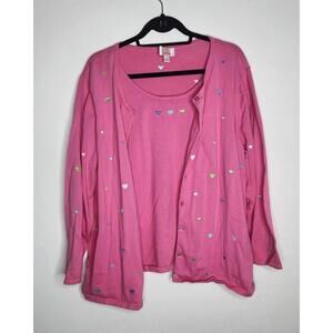 Quacker Factory Sweater Womens 2X Pink Heart Embroidered Cardigan Tank Twinset
